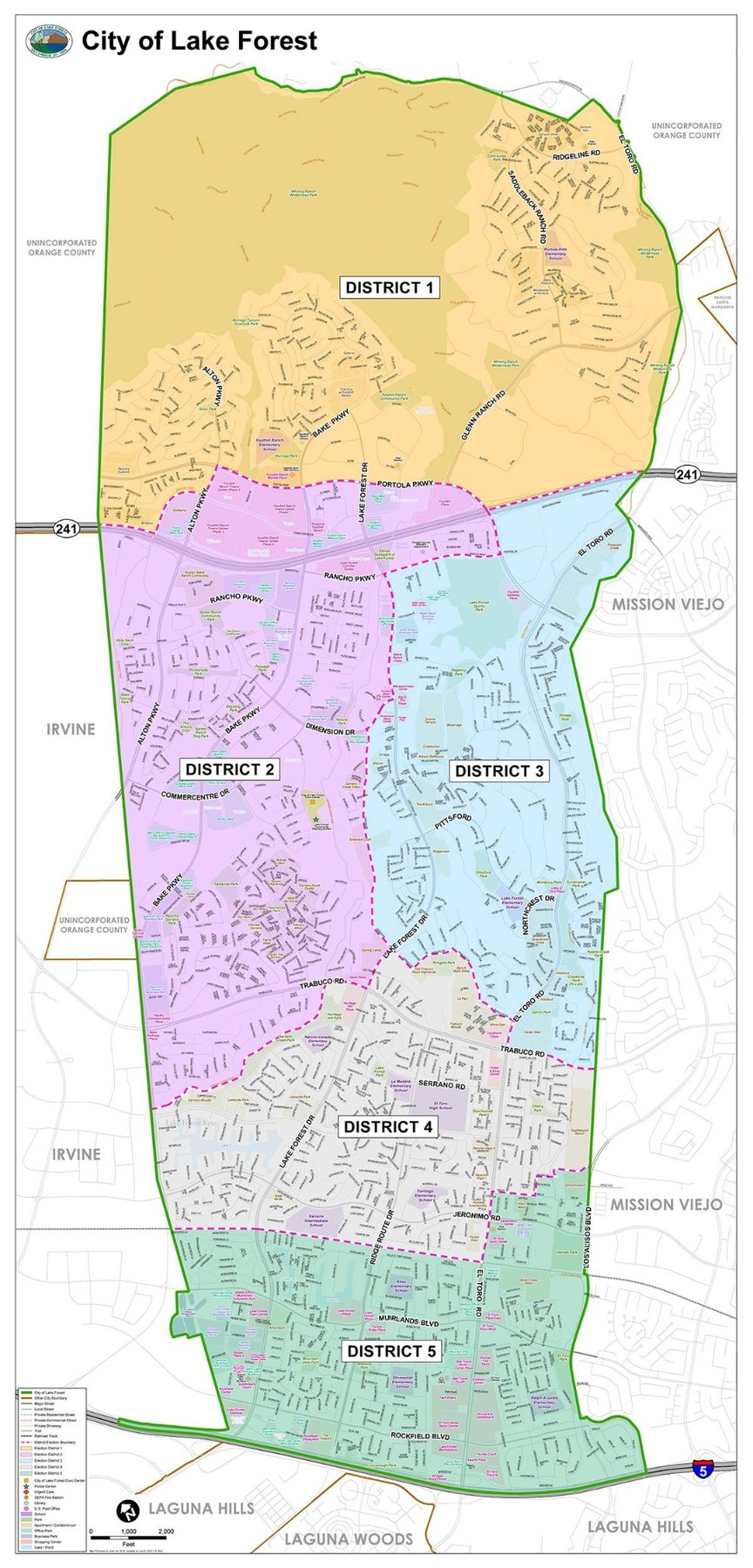 City of Lake Forest district boundary map with District 3 shown in light blue